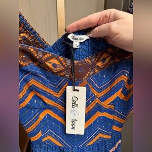 CELINA MOON Blue and Orange Maxi Dress